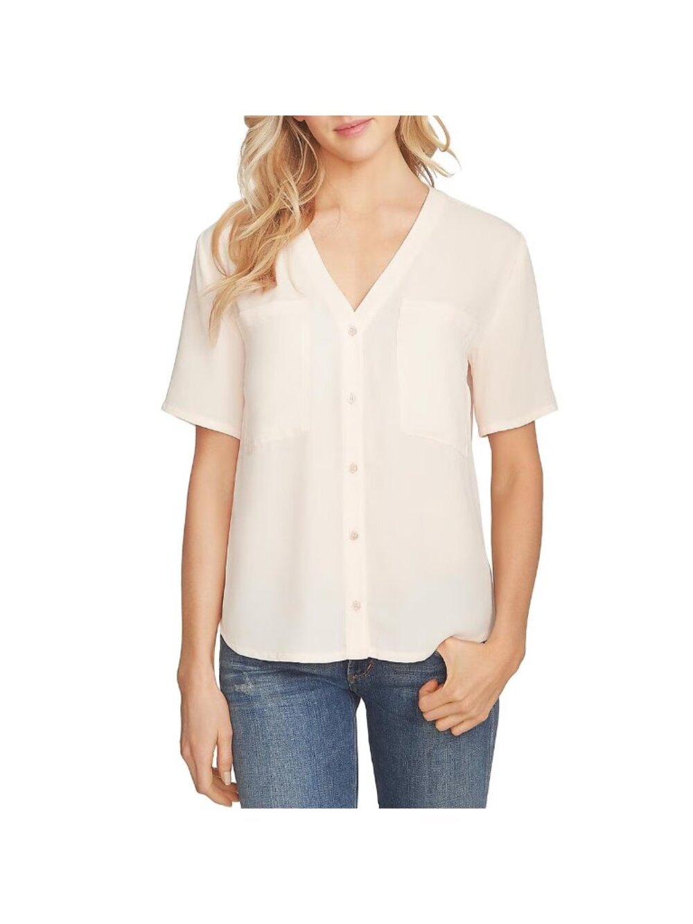 1.STATE Womens Chiffon Short Sleeves V Neck Button Down Shirt